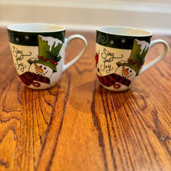 Four Fitz And Floyd Holly Hat Snowman Christmas Coffee Mugs Tea Cups Set of 4 - Picture 2 of 16